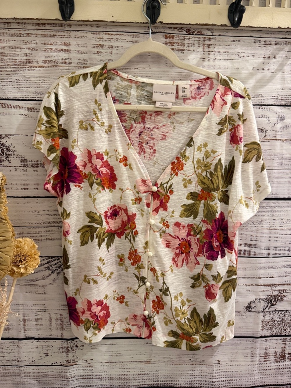 Laura Ashley Cream Floral V-Neck Button Front Blouse